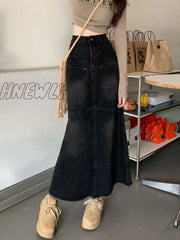 Hnewly Vintage Denim Long Skirt Mermaid Women Black A-Line Patchwork High Waist Jean Maxi