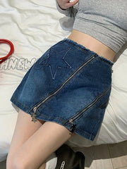 Hnewly Vintage Denim Mini Skirt Women Solid High Waist A-Line Zipper Distressed Streetwear Jean