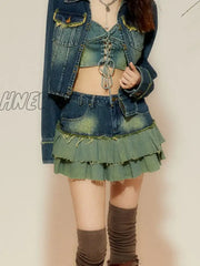 Hnewly Vintage Denim Pleated Mini Skirt Women Korean Streetwear Y2K High Waist A-Line Distressed