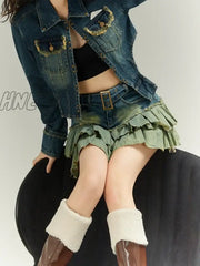 Hnewly Vintage Denim Pleated Mini Skirt Women Korean Streetwear Y2K High Waist A-Line Distressed
