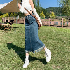 Hnewly Vintage Denim Skirt Long Women Korean Fashion High Waist A-Line Slim Distressed Raw Edge