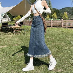Hnewly Vintage Denim Skirt Long Women Korean Fashion High Waist A-Line Slim Distressed Raw Edge