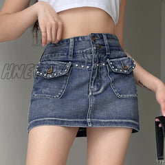 Hnewly Vintage Diamonds Denim Mini Skirts Y2K Aesthetic Korean Kawaii Low Rise Skinny Wrap Bodycon