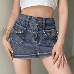 Hnewly Vintage Diamonds Denim Mini Skirts Y2K Aesthetic Korean Kawaii Low Rise Skinny Wrap Bodycon