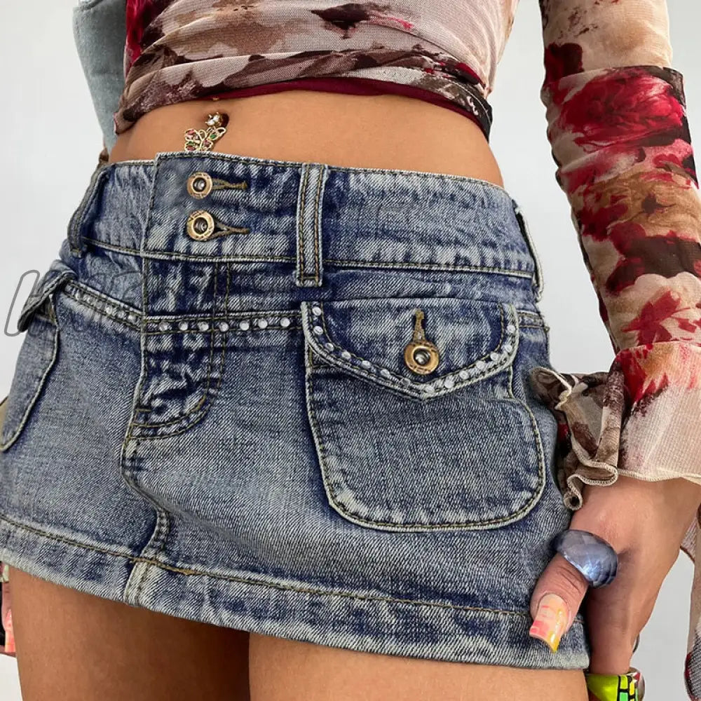 Hnewly Vintage Diamonds Denim Mini Skirts Y2K Aesthetic Korean Kawaii Low Rise Skinny Wrap Bodycon