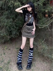 Hnewly Vintage Distressed Patchwork Denim Mini Skirt Women Summer Grunge Y2K Sexy Low Rise A-Line