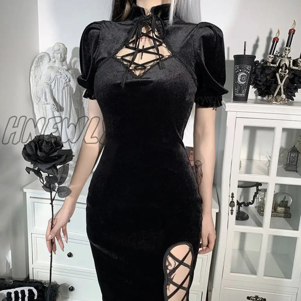 Hnewly Vintage Elegant Black Velvet Dress Women Harajuku Lace Up Slit Waist Aesthetic Dresses Slim
