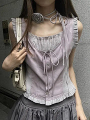 Hnewly Vintage Elegant Sweet Tanks Women French Style Harajuku Bandage Ruffle Patchwork Sleeveless