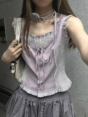 Hnewly Vintage Elegant Sweet Tanks Women French Style Harajuku Bandage Ruffle Patchwork Sleeveless