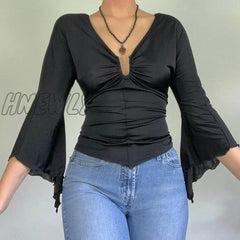 Hnewly Vintage Flare Sleeve Crop Top Women 90S Aesthetic V - Neck T - Shirt Retro Harajuku Slim Tee