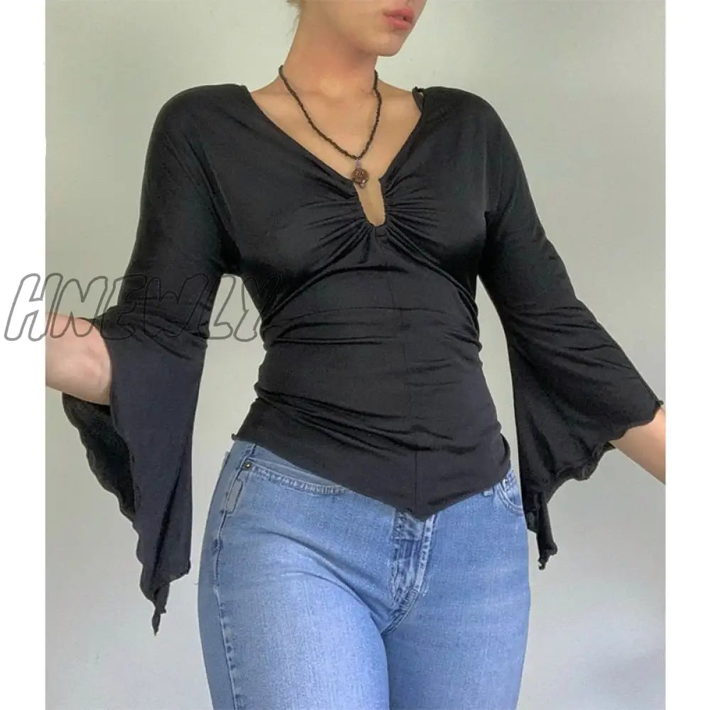 Hnewly Vintage Flare Sleeve Crop Top Women 90S Aesthetic V - Neck T - Shirt Retro Harajuku Slim Tee