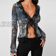 Hnewly Vintage Graphic Print Crop Top Sexy Lace V Neck Long Sleeve T-Shirt Elegant Lady Summer