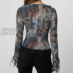 Hnewly Vintage Graphic Print Crop Top Sexy Lace V Neck Long Sleeve T-Shirt Elegant Lady Summer
