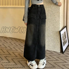 Hnewly Vintage High Waist Denim Skirt Women 2024 Streetwear Mid-Length A Line Woman Korean Pocket