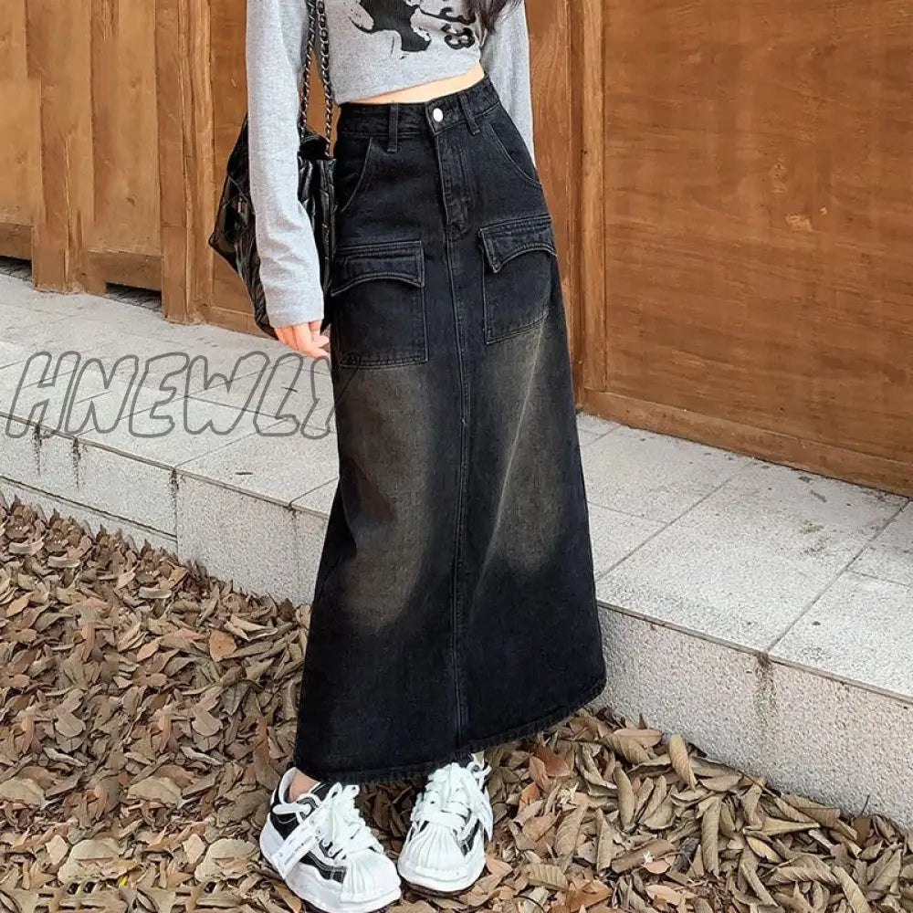 Hnewly Vintage High Waist Denim Skirt Women 2024 Streetwear Mid-Length A Line Woman Korean Pocket
