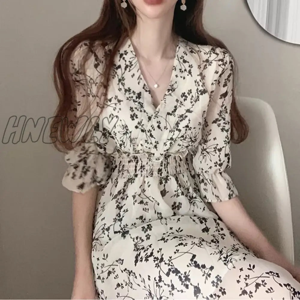 Hnewly Vintage Korea Fashion Clothing Summer Slim Elastic Waist A Line V Neck Elegant Office Lady
