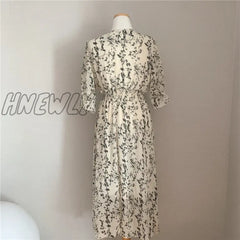 Hnewly Vintage Korea Fashion Clothing Summer Slim Elastic Waist A Line V Neck Elegant Office Lady