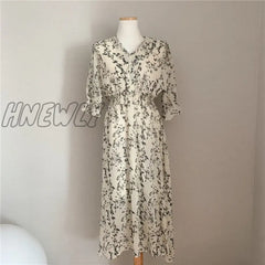 Hnewly Vintage Korea Fashion Clothing Summer Slim Elastic Waist A Line V Neck Elegant Office Lady