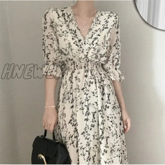 Hnewly Vintage Korea Fashion Clothing Summer Slim Elastic Waist A Line V Neck Elegant Office Lady