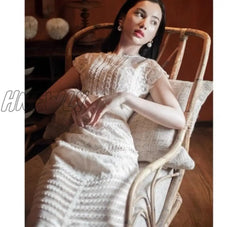 Hnewly Vintage Lace Dress For Woman Striped O-Neck Short-Sleeve Elegant Bodycon Dresses High Waist