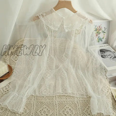 Hnewly Vintage Lolita Blouses Women Mesh Patchwork Flower Embroidery Peter Pan Collar Shirts Flare