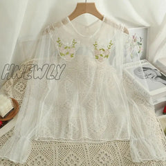 Hnewly Vintage Lolita Blouses Women Mesh Patchwork Flower Embroidery Peter Pan Collar Shirts Flare