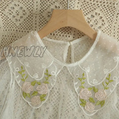 Hnewly Vintage Lolita Blouses Women Mesh Patchwork Flower Embroidery Peter Pan Collar Shirts Flare