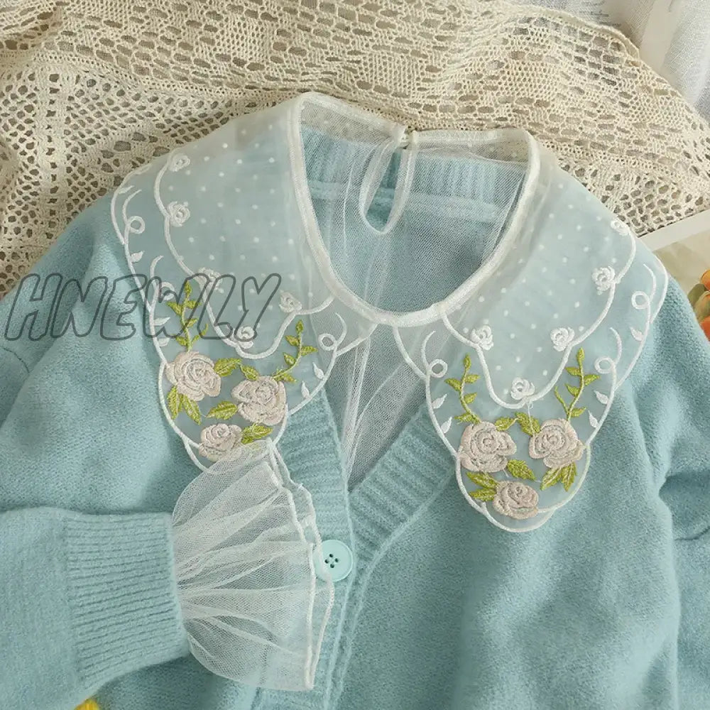 Hnewly Vintage Lolita Blouses Women Mesh Patchwork Flower Embroidery Peter Pan Collar Shirts Flare