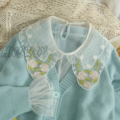 Hnewly Vintage Lolita Blouses Women Mesh Patchwork Flower Embroidery Peter Pan Collar Shirts Flare