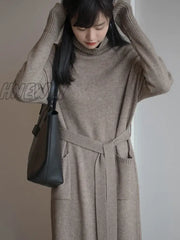Hnewly Vintage Loose Thick Winter Turtleneck Knitting Sweater Midi Dress For Women Long Sleeve Lace