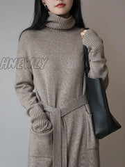 Hnewly Vintage Loose Thick Winter Turtleneck Knitting Sweater Midi Dress For Women Long Sleeve Lace