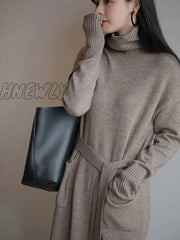 Hnewly Vintage Loose Thick Winter Turtleneck Knitting Sweater Midi Dress For Women Long Sleeve Lace