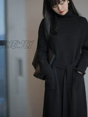Hnewly Vintage Loose Thick Winter Turtleneck Knitting Sweater Midi Dress For Women Long Sleeve Lace
