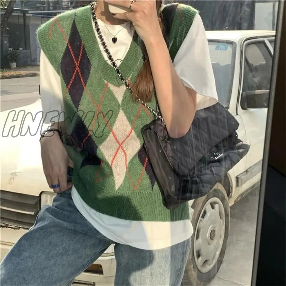 Hnewly Vintage Plaid Sweater Vests Women Stylish S-3Xl Autumn V-Neck Panelled Sleeveless Jumpers
