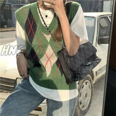 Hnewly Vintage Plaid Sweater Vests Women Stylish S-3Xl Autumn V-Neck Panelled Sleeveless Jumpers