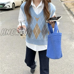 Hnewly Vintage Plaid Sweater Vests Women Stylish S-3Xl Autumn V-Neck Panelled Sleeveless Jumpers