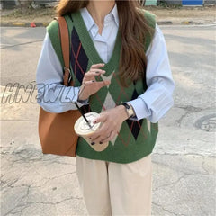 Hnewly Vintage Plaid Sweater Vests Women Stylish S-3Xl Autumn V-Neck Panelled Sleeveless Jumpers