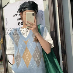Hnewly Vintage Plaid Sweater Vests Women Stylish S-3Xl Autumn V-Neck Panelled Sleeveless Jumpers