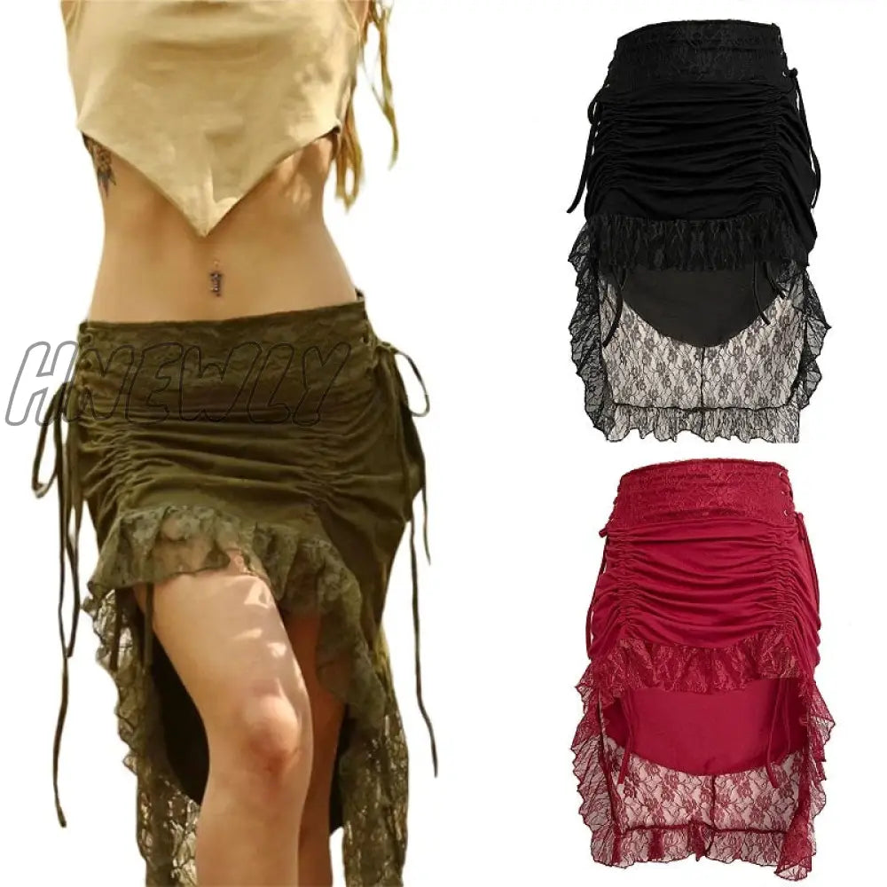 Hnewly Vintage Skirts Women Lace Up Midi Skirt Fairy Grunge Aesthetic Beachwear Retro Harajuku Sexy
