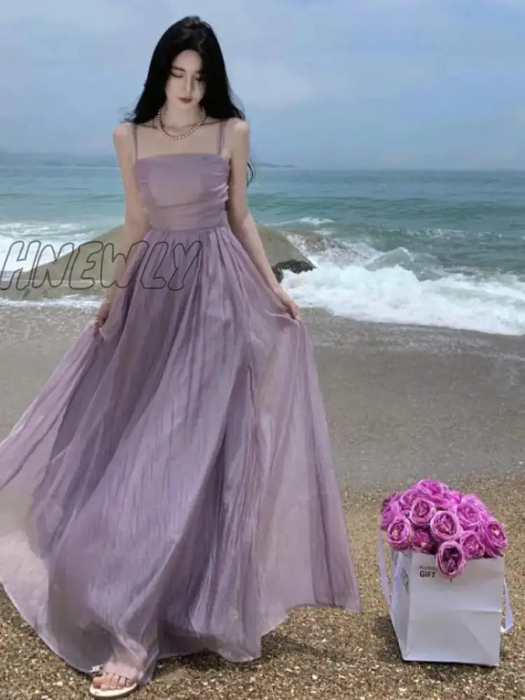 Hnewly Vintage Spaghetti Strap Purple Long Dresses For Women Summer Sexy Tulle Pleats Fairy Evening