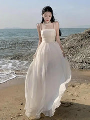 Hnewly Vintage Spaghetti Strap Purple Long Dresses For Women Summer Sexy Tulle Pleats Fairy Evening