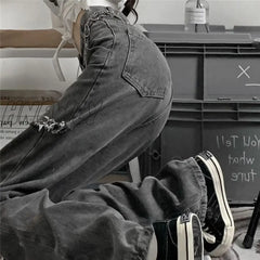 Hnewly Vintage Streetwear Dark Gray Jeans Women Y2K High Waist Ripped Denim Trousers Female New