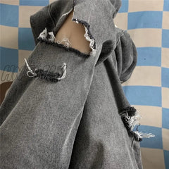 Hnewly Vintage Streetwear Dark Gray Jeans Women Y2K High Waist Ripped Denim Trousers Female New