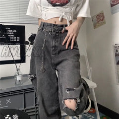 Hnewly Vintage Streetwear Dark Gray Jeans Women Y2K High Waist Ripped Denim Trousers Female New