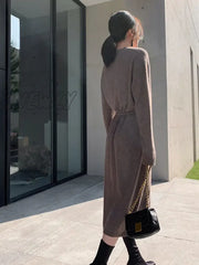 Hnewly Vintage Sweater Knitted Dress For Women Brief V-Neck Warm Drawstring Lace-Up Loose Midi