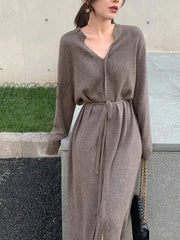 Hnewly Vintage Sweater Knitted Dress For Women Brief V-Neck Warm Drawstring Lace-Up Loose Midi