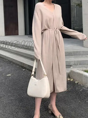 Hnewly Vintage Sweater Knitted Dress For Women Brief V-Neck Warm Drawstring Lace-Up Loose Midi
