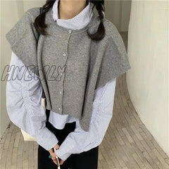 Hnewly Vintage Sweater Vest Striped Shirt Two Piece Set For Women Korean Fashion Irregular Long