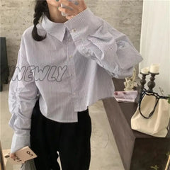 Hnewly Vintage Sweater Vest Striped Shirt Two Piece Set For Women Korean Fashion Irregular Long