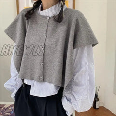 Hnewly Vintage Sweater Vest Striped Shirt Two Piece Set For Women Korean Fashion Irregular Long